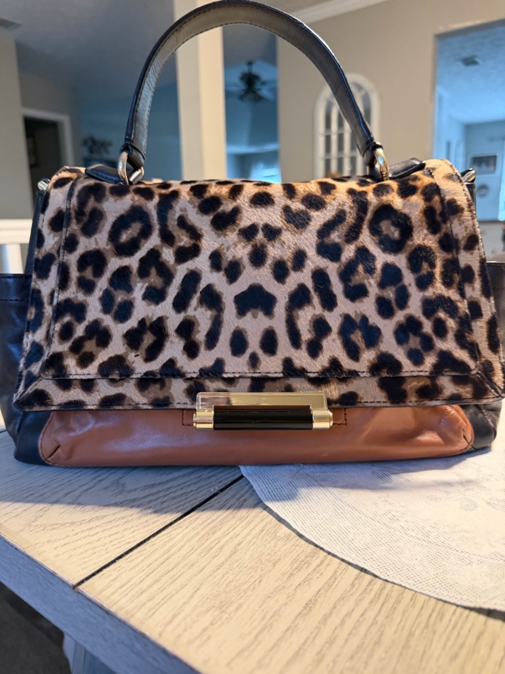 Diane Von Furstenberg Leopard Print Top-Handle Satchel in Brown and Black
